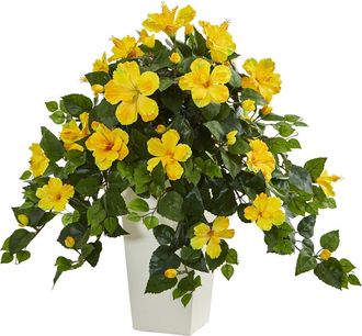 Nearly Natural Hibiscus Artificial Plant in White Tower Planter in Yellow at Nordstrom