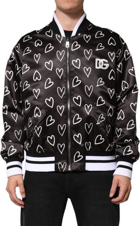 Dolce & Gabbana Black Polyester Heart Print Bomber Mens Jacket (Pre-Owned)