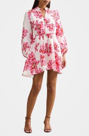 Ever New Annalise Tie Waist Long Sleeve Linen Blend Minidress in Zila Floral at Nordstrom, Size 0
