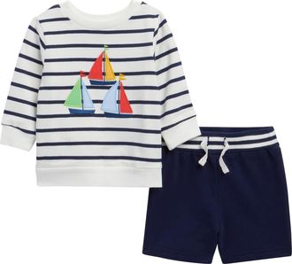 Little Me Nautical Stripe Long Sleeve Shirt & Shorts Set in Navy at Nordstrom, Size 12M
