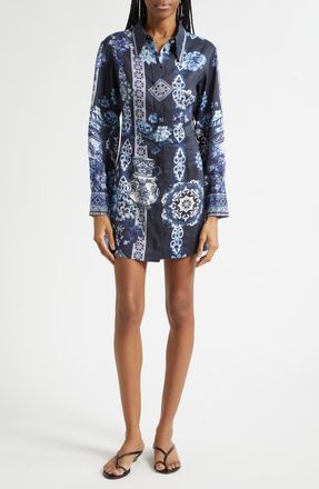 Camilla A Tiled Wonderland Long Sleeve Linen & Silk Twill Shirtdress at Nordstrom, Size X-Small