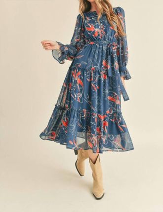 Merci Exclusive Floral Print Tiered Midi Long Sleeve Dress In Teal Combo