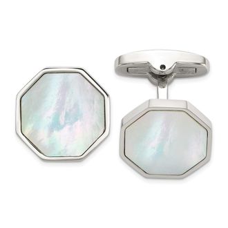 Diamond2Deal Stainless Steel Polished Mother of Pearl Inlay Octagon Cuff Links