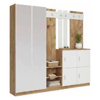 Dmora Muebles De Entrada Media, Entrada Para Perchas, Composici&oacute;n Para Atrio, Consola De Almacenamiento Multifunci&oacute;n, 187x38h180 Cm, Roble Y Blanco, Con Emb