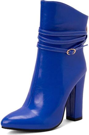 Generic Womens Pointed Toe Ankle Boots Chunky Block Heel Strappy Buckle Faux Leather Slip On Comfortable Non Slip Durable for Evening Party Prom,Blue,6.5 UK