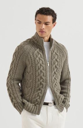 Brunello Cucinelli Cable knit cardigan in cashmere Feather yarn with zipper in Military at Nordstrom, Size 52