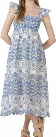 BLACK TAPE Cutout Embroidered Midi Dress In Cr&egrave;me/blue Emb