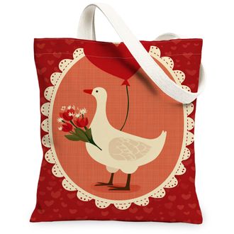 Generic ValentineS Day Goose Canvas Tote Bags, Cute Animal Floral Pattern Reusable Grocery Bags, Lightweight Washable Shoulder Str, Red, 13x15 Inch