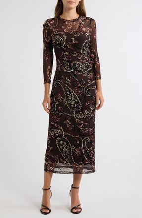 Anne Klein Flocked Mesh Midi Dress in Deep Mahogany Multi at Nordstrom, Size X-Large