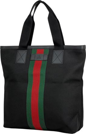 Gucci Sherry Line Black Nylon Leather Shoulder Bag Tote Bag (Pre-Owned)