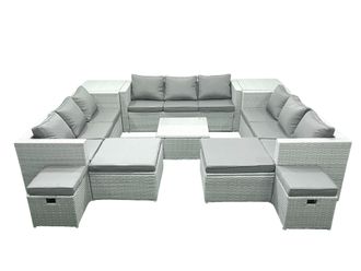 Fimous Garden Outdoor Furniture Set 14 Seater Rattan Sofa Set with 2 Side Tables 4 Footstools Light Grey Mixed