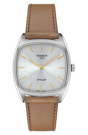 Tissot Stylist Leather Strap Watch, 32mm in Silver at Nordstrom