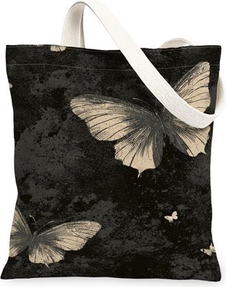 Generic Butterfly Canvas Tote Bags, Artistic Butterfly Print Reusable Grocery Bags, Vintage Lightweight Washable Shoulder Strap Can, Black, 13x15 Inch