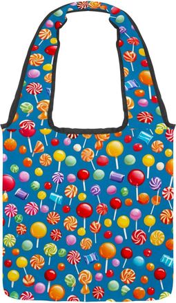 Generic Blue Candy Pattern Reversible Canvas Shoulder Tote - Double-Sided Print, 12oz Cotton, 27cm Drop, Fold-Flat Bag for Travel, Shopping, Street Outings
