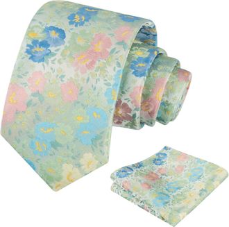 Alizeal Mens 8cm Floral Ties and Pocket square Ties Set for Wedding Fashion Flower Printed Necktie Set, Sage Green+Blue+Pink