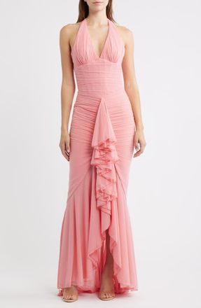 House of CB Carmine Mesh Halter Neck Waterfall Gown in Raspberry at Nordstrom, Size X-Large A