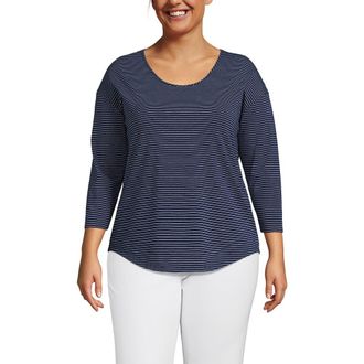 Lands End 3/4 Sleeve Lightweight Jersey U-Neck Tunic in Deep Sea Navy Thin Stripe at Nordstrom, Size X-Small P