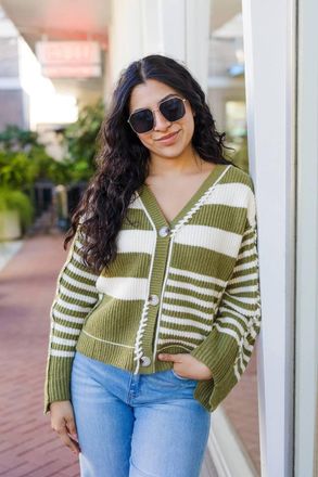 So Me Hidden Potential Striped Cardigan In Olive And Ivory
