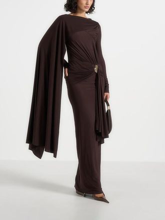 Mani&egrave;re De Voir Edena Asymmetric Ruched Draped Maxi Dress in Brown at Nordstrom, Size 10