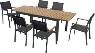 Vente-Unique Comedor de jard&iacute;n de aluminio y poliwood: una mesa extensible L.170/230 cm y 6 sillones apilables - Natural claro y antracita - MACILA de MYLIA