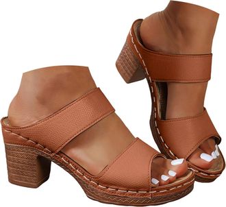 Generic Block Heel Sandals for Women 2026 Summer Open Toe Chunky Platform Wedges Non-Slip Casual Hollow Out Lightweight Shoes Brown