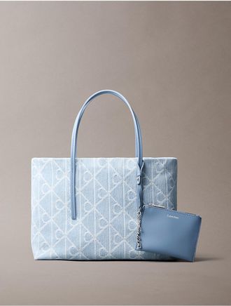 Calvin Klein Womens Allover Emblem Logo Denim Small Tote Bag - Blue