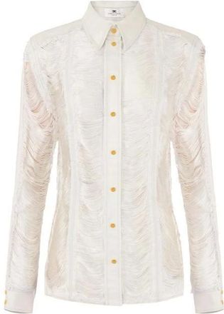 Elisabetta Franchi Overhemden, Dames, Beige, XL, Katoen, Distressed Shirt met Franjes