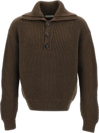 Dries Van Noten Geribde trui met drie knopen - Heren - Vesten - Bruin - M - Wol - Truien & Vesten