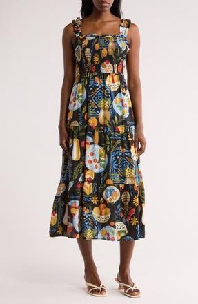 August Sky Mixed Print Smocked Tiered Midi Dress in Black Multi at Nordstrom Rack, Size Medium