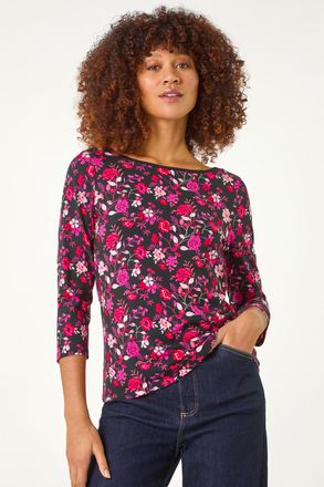 Roman Floral Print Contrast Trim Top