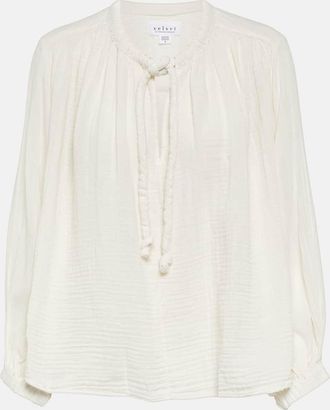 Velvet Tie-neck cotton blouse top