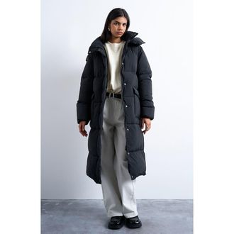 Topshop Longline Quilted Puffer Coat in Black at Nordstrom Rack, Size Large