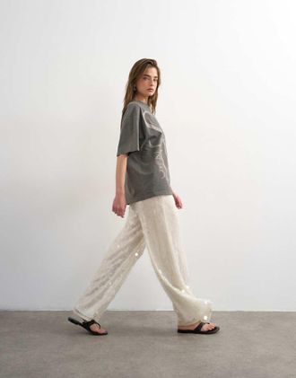 Topshop Pantaloni sartoriali bianchi con paillettes-Bianco