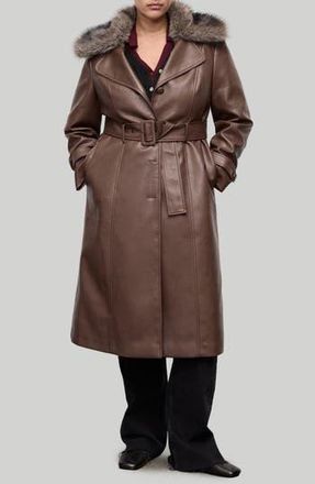 Mango Fernanda Faux Leather Belted Coat with Removable Faux Fur Trim in Medium Brown at Nordstrom Rack, Size X-Small