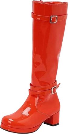 Generic Women Knee High Boots Square Toe Chunky Heel Platform Buckle Strap Elegant Long Boot