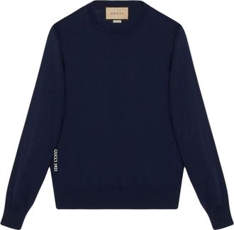 Gucci Navy Blue Wool Jumper With Logo Embroidery