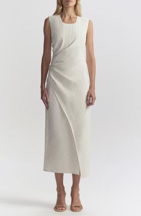 A.L.C. Caroline Pinstripe Side Ruched Linen Blend Dress in Pearl/Brown at Nordstrom, Size 00