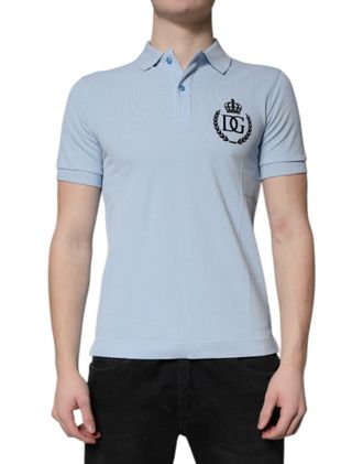 Dolce & Gabbana Mens Embroidered Polo Shirt - Light Blue Cotton - Size EU 44 (Mens)