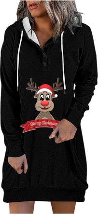 Generic Christmas Dress Womens Jumper Dress, Christmas Jumper Womens Funny, Oversize Hoodie Button Down Sweat Dress Reindeer Print Long Sleeve Sweatshirts Chr