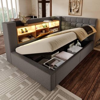Merax 3FT Upholstered Storage Daybed Single Bed with LED & USB in Grey
