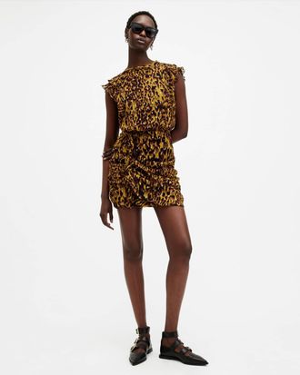AllSaints Recycled Polyester Hali Animal Print Ruffle Mini Dress, Size: UK 16/US 12