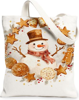 Generic Snow Man Canvas Tote Bags, Cute Winter Holiday Pattern Reusable Grocery Bags, Festive Decorative Lightweight Washable Shoul, White, 13x15 Inch