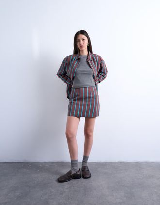 Topshop Minigonna svasata a righe in coordinato-Multicolore