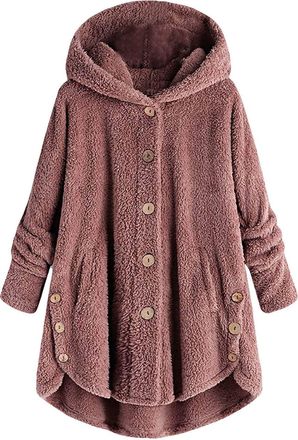 Generic Plus Size Fleece Bed Jacket for Women Soft Fuzzy Button Hooded Lightweight Winter Lounge Coat Outerwear (Pink,XXL)