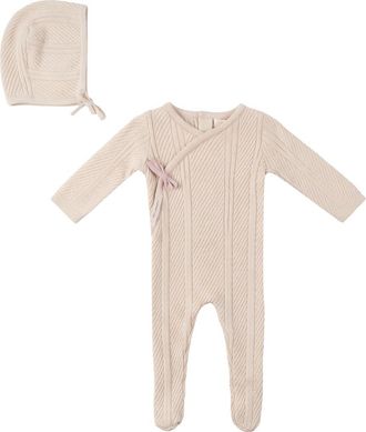 Fragile Girl Lace Textured Cotton Wrap Romper with Bonnet in Natural/petal at Nordstrom, Size 6M