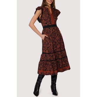 Lost + Wander Lady of Siena Floral Cap Sleeve Cotton Midi Dress in Brown-Floral at Nordstrom Rack, Size X-Small