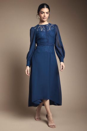 Wallis Womens Lace Insert Chiffon Midi Dress - Navy Polyamide - Size 18 UK