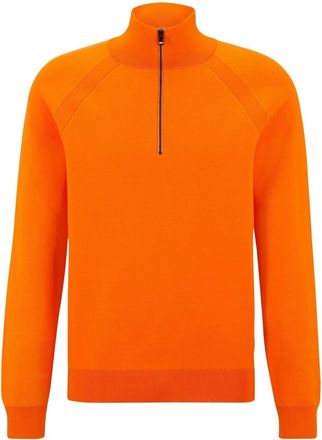 HUGO BOSS Mens Zip Neck Raglan Sleeve Long Sweater in Bright Orange - Size Large