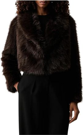 Twinset Cropped Imitatiebont Jas met Sjaalkraag - Dames - Jassen - Bruin - S - Polyester - Jassen