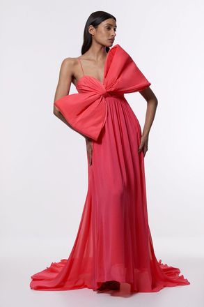 Karen Millen Womens Taffeta Bow Detail Woven Maxi Dress - Pink - Size 10 UK